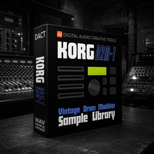 May include: Black box featuring the text "KORG DRM-1" and "Vintage Drum Machine Sample Library." The box has a design that includes a series of horizontal lines, a dial, and a green rectangle. The words "WAV Sample Library" are also visible.