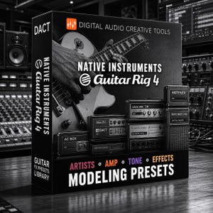 Könnte beinhalten: Eine schwarz-weiße Produktverpackung für die Software Native Instruments Guitar Rig 4. Die Box zeigt eine Gitarrengrafik, den Text Digital Audio Creative Tools sowie verschiedene Verstärker- und Boxensymbole mit der Beschriftung AC Box, Base Pro und Hotplex.