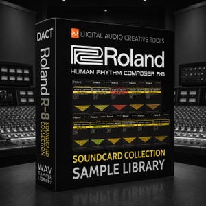 May include: A black box featuring the Roland logo and the text "SOUNDCARD COLLECTION SAMPLE LIBRARY." The box also displays "Roland R-8 COLLECTION" and "WAV SAMPLE LIBRARY." The box is labeled "DIGITAL AUDIO CREATIVE TOOLS."
