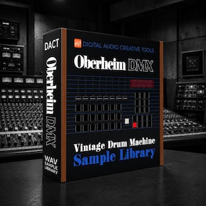 Könnte beinhalten: Eine schwarze Box mit dem Text "Oberheim DMX" und "Vintage Drum Machine Sample Library". Die Box hat ein Rasterdesign und eine digitale Anzeige. Die Worte "Digital Audio Creative Tools" stehen oben.