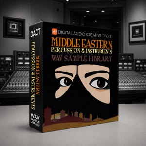 May include: A black rectangular box for a Middle Eastern Percussion & Instruments WAV sample library. The front features a graphic of eyes above a silhouette of buildings, with the text DACT, Digital Audio Creative Tools, and WAV Sample Library.