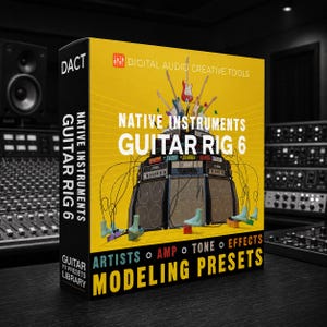 Könnte beinhalten: Eine gelbe Software-Box für Native Instruments Guitar Rig 6 mit Illustrationen von Gitarren, Verstärkern und Fußpedalen. Der Text lautet Digital Audio Creative Tools, Native Instruments Guitar Rig 6 sowie Artists, Amp, Tone, Effects Modeling Presets.