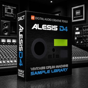May include: A black box with the text "ALESIS D4" in white and blue, and "VINTAGE DRUM MACHINE SAMPLE LIBRARY" in blue. The box has a large circular design and a green rectangular display. The words "DACT" and "WAV SAMPLE LIBRARY" are also visible.