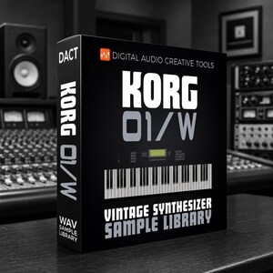 May include: A black rectangular box for a Korg 01/W vintage synthesizer sample library. The front features the text DACT Digital Audio Creative Tools, Korg 01/W, and a graphic of a keyboard. The side displays DACT, Korg 01/W, and WAV sample library.