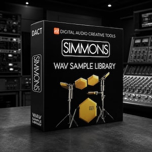 May include: A black rectangular box for a Simmons WAV sample library featuring the text DACT Digital Audio Creative Tools. The front of the box displays a graphic of a yellow electronic drum kit with hexagonal pads on metal stands.