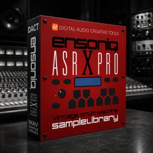May include: A red rectangular box for the Ensoniq ASR X PRO vintage drum machine sample library. The front features the text DIGITAL AUDIO CREATIVE TOOLS, ensoniq, ASR X PRO, and sample library, along with a graphic of buttons and a display screen.