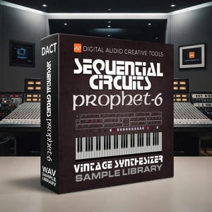 May include: A brown box with the text "SEQUENTIAL CIRCUITS prophet-6" and "VINTAGE SYNTHESIZER SAMPLE LIBRARY". The box has a keyboard graphic and the words "DIGITAL AUDIO CREATIVE TOOLS". The box is in a recording studio.