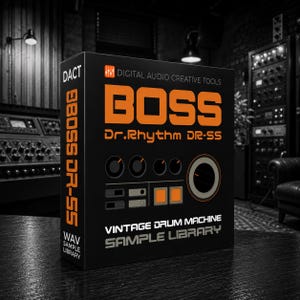 May include: A black box with orange text that reads "BOSS Dr. Rhythm DR-55" and "Vintage Drum Machine Sample Library." The box has a graphic of a drum machine with knobs and buttons. The words "DACT" and "WAV Sample Library" are also visible.
