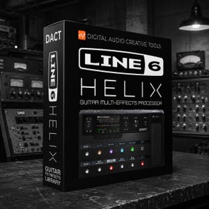 Könnte beinhalten: Eine schwarze, rechteckige Produktverpackung für den Line 6 Helix Gitarren-Multieffektprozessor von DACT Digital Audio Creative Tools. Die Box zeigt weißen Text, das Line 6 Logo und eine Grafik des Prozessors mit beleuchteten Fußschaltern.