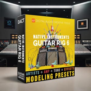 May include: A product box for Native Instruments Guitar Rig 6. The box is black with a yellow background featuring a graphic of guitar amplifiers and guitars. Text includes "Guitar Rig 6", "Artists", "Amp", "Tone", "Effects", and "Modeling Presets".