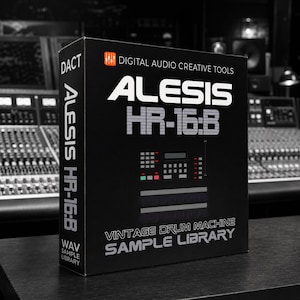 Op de afbeelding: Een zwarte doos met de tekst "ALESIS HR-16:B" en "VINTAGE DRUM MACHINE SAMPLE LIBRARY." De doos toont ook de woorden "DACT", "WAV SAMPLE LIBRARY" en "DIGITAL AUDIO CREATIVE TOOLS."