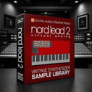 Puede incluir: Una caja roja con el texto "nord lead 2 virtual analog" y "VINTAGE SYNTHESIZER SAMPLE LIBRARY". La caja muestra un teclado y controles de sintetizador. El producto es una biblioteca de muestras WAV.