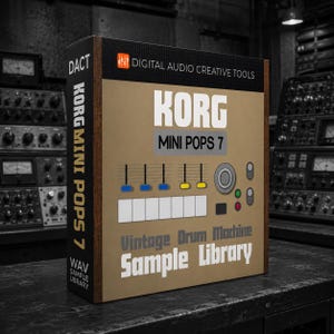 May include: A rectangular box for the Korg Mini Pops 7 vintage drum machine sample library. The tan front features the Korg logo, a graphic of sliders, buttons, and a dial, with the text Digital Audio Creative Tools and Sample Library.