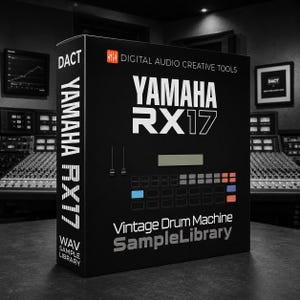 May include: A black rectangular box for the Yamaha RX17 Vintage Drum Machine Sample Library by Digital Audio Creative Tools. The front features white text, a small screen graphic, and a grid of square buttons in blue, red, and grey colors.