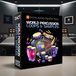 May include: A black box featuring the text "WORLD PERCUSSION LOOPS & SAMPLES" and "DIGITAL AUDIO CREATIVE TOOLS." The cover art showcases various percussion instruments, including drums, tambourines, and maracas, arranged around a globe. The DACT logo is visible.