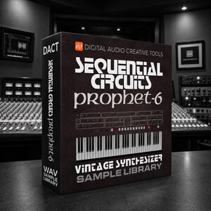 Puede incluir: Una caja rectangular negra para una biblioteca de muestras de sintetizador vintage Sequential Circuits Prophet-6. El frente presenta texto blanco, un gráfico del panel de control del sintetizador y un teclado. El lateral muestra el logotipo DACT.