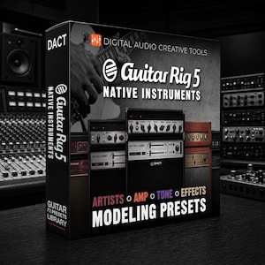 Könnte beinhalten: Eine schwarz-weiße Produktverpackung für die Software Guitar Rig 5 Native Instruments. Die Box enthält Text wie Digital Audio Creative Tools, Guitar Rig 5, Native Instruments sowie Artists, Amp, Tone, Effects Modeling Presets.