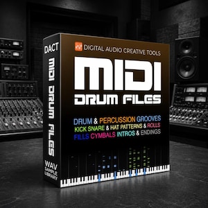 Puede incluir: Una caja rectangular negra para MIDI Drum Files de Digital Audio Creative Tools. El frente presenta texto blanco, una lista de ritmos de batería y percusión en azul, rojo y cian, y un gráfico de piano roll con un teclado en la parte inferior.