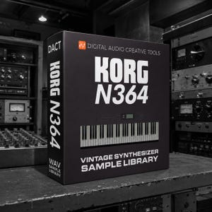 Puede incluir: Una caja rectangular negra para una biblioteca de muestras de sintetizador vintage Korg N364. El frente presenta el texto Digital Audio Creative Tools, Korg N364 y Vintage Synthesizer Sample Library, junto con un gráfico de un teclado.