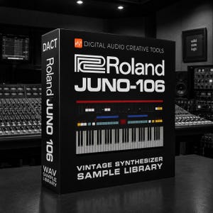 May include: A black rectangular box for the Roland JUNO-106 vintage synthesizer sample library by Digital Audio Creative Tools. The front features the Roland logo, JUNO-106 text, a graphic of the keyboard interface, and the DACT logo.