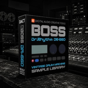 Puede incluir: Una caja negra con el texto "BOSS Dr.Rhythm DR-660" y "VINTAGE DRUM MACHINE SAMPLE LIBRARY". La caja tiene una pantalla digital y dos perillas redondas. También son visibles las palabras "DACT" y "WAV SAMPLE LIBRARY".