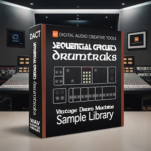 May include: A black box featuring the text "SEQUENTIAL CIRCUITS drumtraks" and "Vintage Drum Machine Sample Library." The box also displays "DACT" and "WAV SAMPLE LIBRARY."