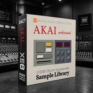 May include: A product box for AKAI professional XE8 Drum Expander Sample Library. The box is beige with red and black text, and features illustrations of audio equipment. The box also has the text "DACT" and "WAV SAMPLE LIBRARY".