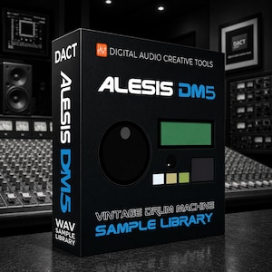 May include: A black box labeled "ALESIS DM5" with the text "DIGITAL AUDIO CREATIVE TOOLS" and "VINTAGE DRUM MACHINE SAMPLE LIBRARY." The box has a large black circle, a green rectangle, and several smaller squares.