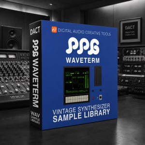 May include: A blue rectangular box for the PPG Waveterm vintage synthesizer sample library by DACT. The front features the white PPG logo, a graphic of the synthesizer interface with a green screen, and the text Digital Audio Creative Tools.