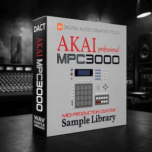 Może przedstawiać: Jasnoszara skrzynka z napisem "AKAI professional MPC3000" w kolorze czerwonym i czarnym. Na skrzynce widnieje również napis "MIDI PRODUCTION CENTER Sample Library" i "DIGITAL AUDIO CREATIVE TOOLS". Skrzynka stoi na ciemnej powierzchni.