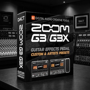 May include: A black box with the text "ZOOM G3/G3X" and "GUITAR EFFECTS PEDAL". The box shows images of the G3 and G3X guitar effects pedals. The words "DIGITAL AUDIO CREATIVE TOOLS" are also visible on the box.