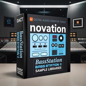 Puede incluir: Una caja negra con el texto "novation" y "BassStation II Sample Libraries". La caja presenta un panel azul con controles circulares y rectangulares. También son visibles las palabras "Digital Audio Creative Tools".