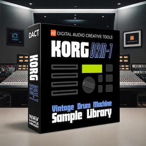 May include: A black box with the text "KORG DRM-1" in white and blue. The box also features the text "Vintage Drum Machine Sample Library" and "WAV Sample Library". The box is labeled "DACT" and "Digital Audio Creative Tools".