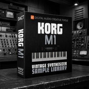 Peut inclure: Une boîte rectangulaire noire pour la bibliothèque d'échantillons de synthétiseur vintage Korg M1 de Digital Audio Creative Tools. Le devant présente le logo Korg M1, un graphique de clavier de piano et le texte Vintage Synthesizer Sample Library.