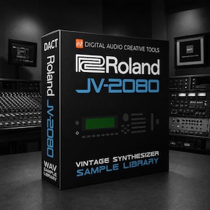 Pode incluir: Uma caixa retangular preta para a biblioteca de samples do sintetizador vintage Roland JV-2080 da DACT Digital Audio Creative Tools. Os painéis frontal e lateral apresentam texto em branco e azul, um gráfico do sintetizador e o logotipo.