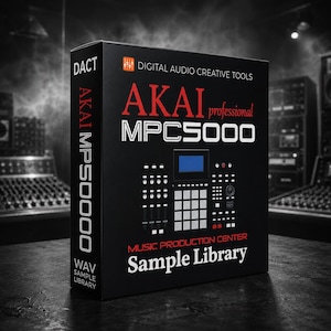 May include: A black box featuring the text "AKAI professional MPC5000" in red and white. The box also displays a diagram of a music production device and the words "Sample Library". The box is labeled "DACT" and "WAV SAMPLE LIBRARY".