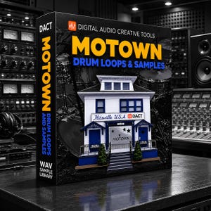 May include: A black rectangular box for Motown Drum Loops & Samples by DACT. The front features a white and blue model of the Hitsville U.S.A. building with a staircase, two doors, and two small green trees. The text reads Motown Drum Loops & Samples.