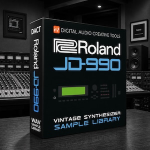 May include: A black rectangular box for the Roland JD-990 vintage synthesizer sample library. The front features the Roland logo, the text JD-990 in blue, a graphic of the synthesizer with a green display, and the text Digital Audio Creative Tools.