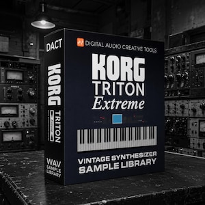 Peut inclure: Une boîte rectangulaire noire pour une bibliothèque d'échantillons de synthétiseur vintage Korg Triton Extreme. Le devant présente le texte blanc Korg Triton Extreme, un graphique de clavier de piano et le texte Digital Audio Creative Tools.