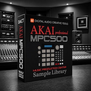 May include: A black box featuring the text "AKAI professional MPC500" in white and red. The box also displays the text "DIGITAL AUDIO CREATIVE TOOLS" and "MUSIC PRODUCTION CENTER Sample Library". The box is in a recording studio.