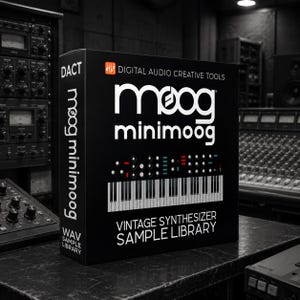 May include: A black rectangular box for a Moog Minimoog vintage synthesiser sample library. The front features the Moog logo, a graphic of a synthesiser control panel and keyboard, and the text Digital Audio Creative Tools and WAV Sample Library.