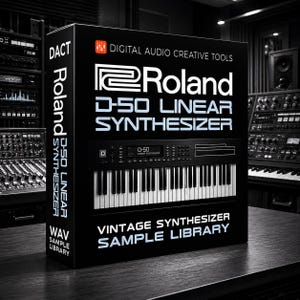 May include: Black box featuring a Roland D-50 Linear Synthesizer. The box has white text that reads "DIGITAL AUDIO CREATIVE TOOLS" and "VINTAGE SYNTHESIZER SAMPLE LIBRARY." The synthesizer has a black and white keyboard.