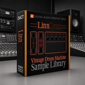 Puede incluir: Una caja rectangular negra para una biblioteca de muestras de caja de ritmos vintage LinnDrum. El frente presenta texto y gráficos en naranja, incluyendo las palabras Digital Audio Creative Tools, LinnDrum y Vintage Drum Machine Sample Library.