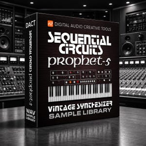 Pode incluir: Uma caixa preta para uma biblioteca de samples de sintetizador vintage Sequential Circuits Prophet-5. A frente apresenta o texto Digital Audio Creative Tools, Sequential Circuits Prophet-5 e Vintage Synthesizer Sample Library com um gráfico de teclado.