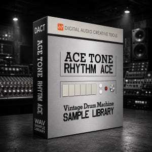 May include: A silver box with the text "ACE TONE RHYTHM ACE" and "Vintage Drum Machine SAMPLE LIBRARY". The box has a series of buttons and dials, with the DACT and DIGITAL AUDIO CREATIVE TOOLS logos.