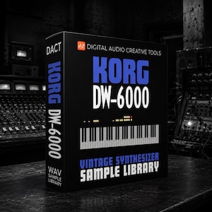 May include: A black rectangular box for a Korg DW-6000 vintage synthesizer sample library. The front features blue and white text reading Korg DW-6000, Digital Audio Creative Tools, and Vintage Synthesizer Sample Library with a piano keyboard graphic.