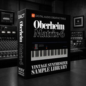 May include: A black rectangular box for a digital audio sample library. The front features the text "Oberheim Matrix-6" and "VINTAGE SYNTHESIZER SAMPLE LIBRARY" with a graphic of a keyboard. The side displays "DACT", "Oberheim Matrix-6", and "WAV".