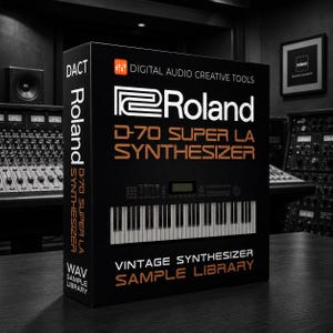 May include: A black rectangular box for the Roland D-70 Super LA Synthesizer vintage sample library. The front features the Roland logo, a graphic of a synthesizer keyboard, and the text Digital Audio Creative Tools. The side displays DACT branding.
