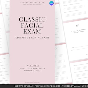 Op de afbeelding: Een digitaal document getiteld Classic Facial Exam Editable Training Exam met een lichtroze achtergrond. Het document bevat 20 vragen en antwoorden, een sectie voor naam, datum en score, en de tekst Beauty Masterclass bovenaan.