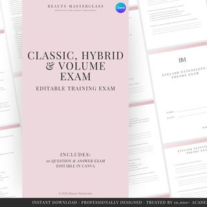 Könnte beinhalten: Ein digitales Dokument mit dem Titel Classic, Hybrid & Volume Exam und dem Untertitel Editable Training Exam. Das Dokument enthält 20 Fragen und Antworten zu Wimpernverlängerungen, mit hellrosa Hintergrund und schwarzem Text.